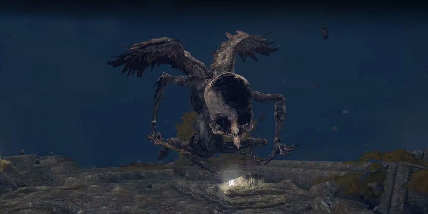 A Deathbird hunched on a ledge in Elden Ring.