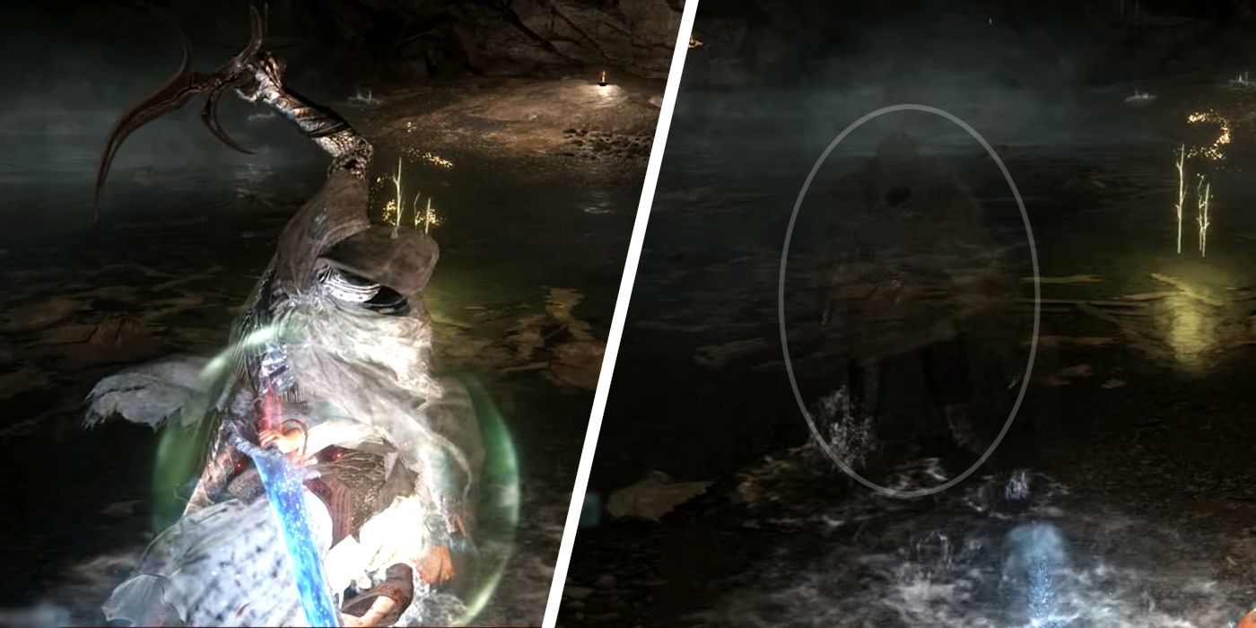 Deux images du combat contre le boss Invisible Black Knife Assassin dans Elden Ring