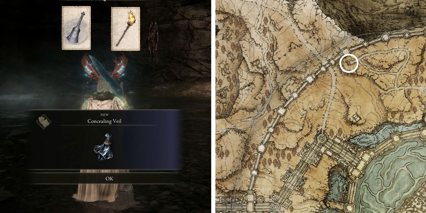 Une image montrant l'emplacement du boss Invisible Black Knife Assassin sur la carte d'Elden Ring à côté d'une image du boss vaincu avec deux objets différents, une cloche appelant l'esprit et une torche, au-dessus de la tête du joueur