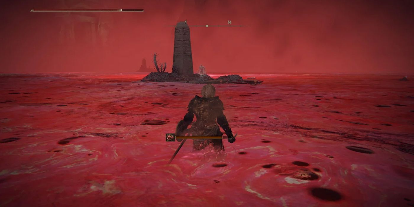 A player traversing the Lake of Rot in Elden Ring.