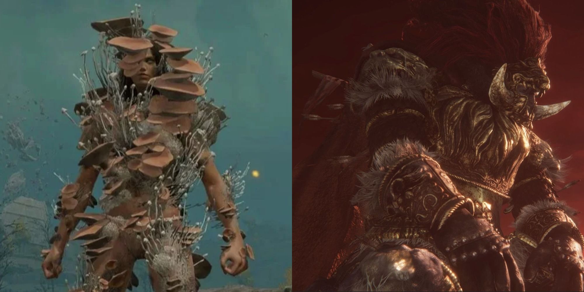 Split image showing the Mushroom and General Radahn armors in Elden Ring.