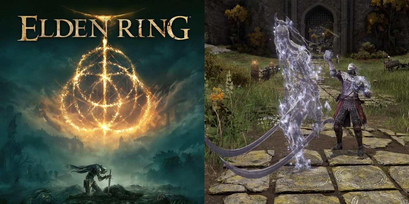 Split image of Elden Ring cover art and the Tarnished calling a Spirit Summon