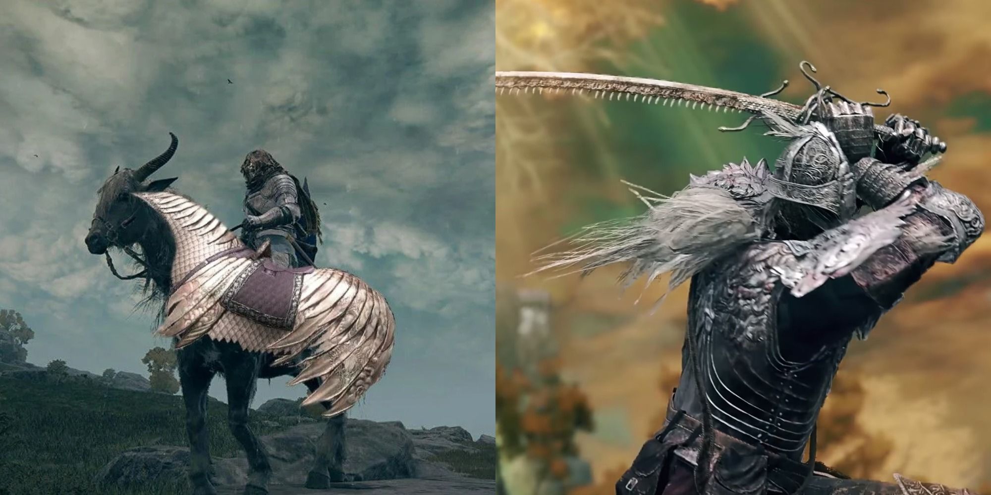 Split image showing the Torrent armor and a character wielding a weapon in Elden Ring.