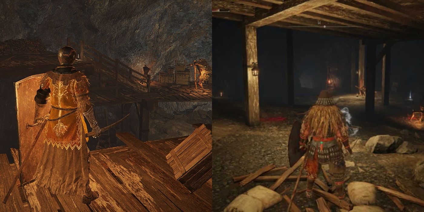 Split image of player characters in Elden Ring&rsquo;s mines and tunnels