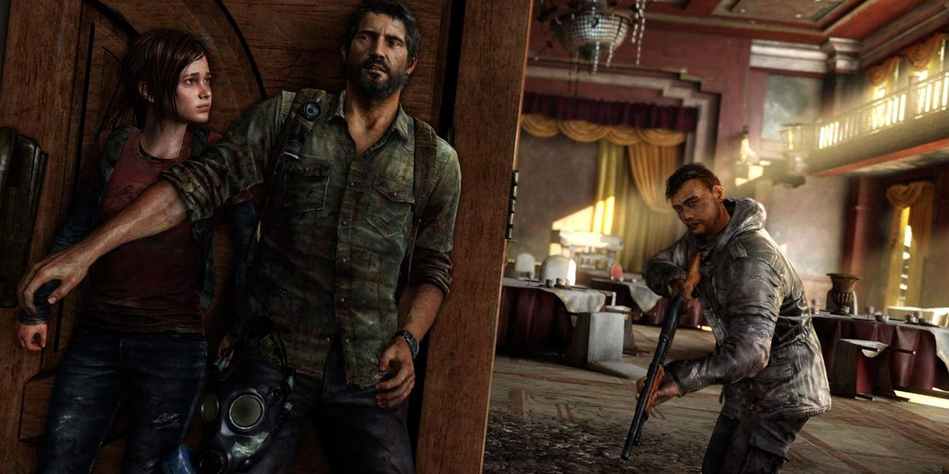 Ellie and Joel hiding from an enemy in The Last Of Us Cropped