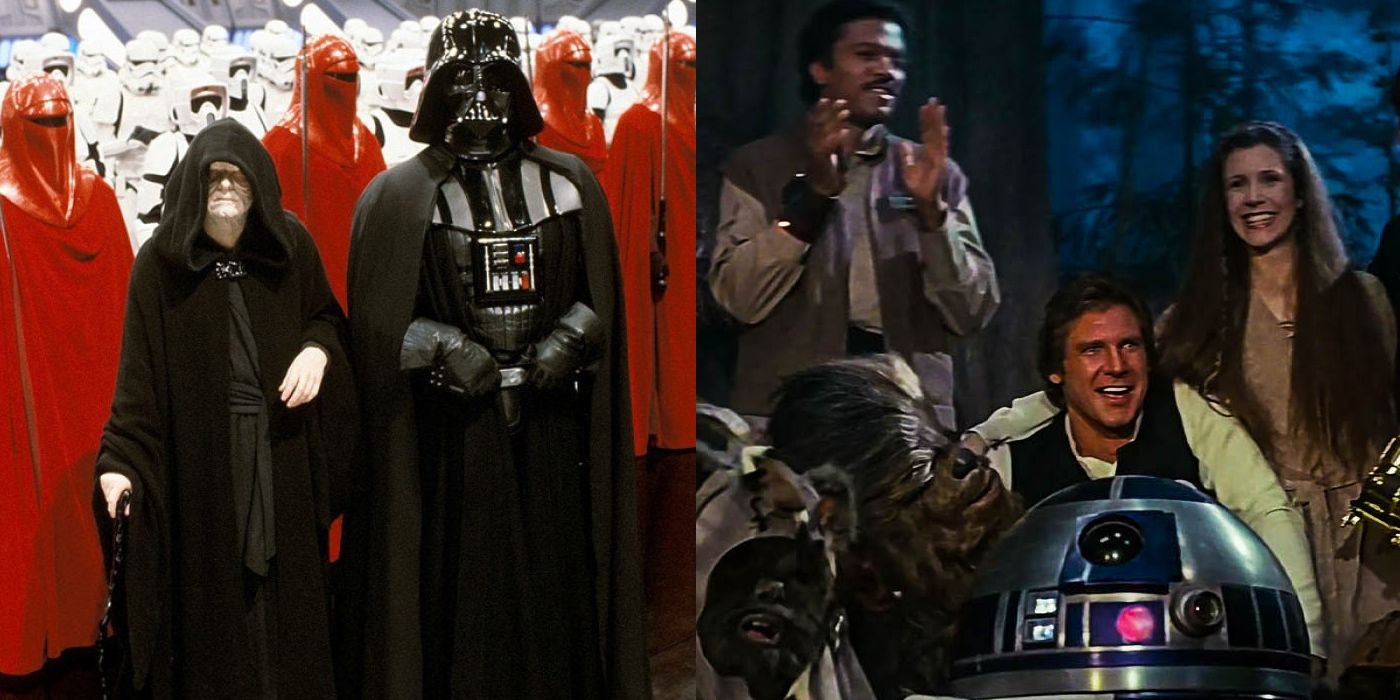 Star Wars, the Emperor and darth vader standing before the Emperor's guards and a legion of stormtroopers; Han, Lando, Leia, R2 and an ewok celebrate their victory on Endor