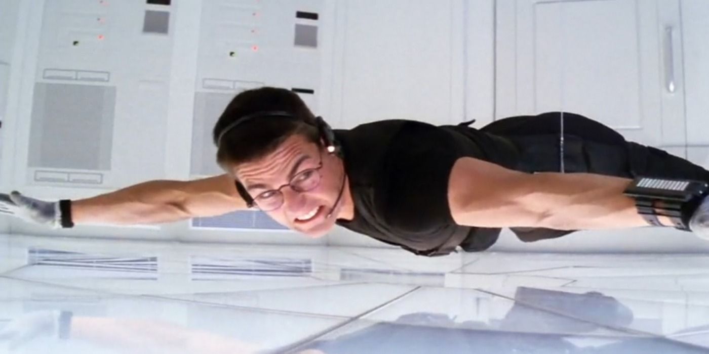 Ethan Hunt on a bungee line in Mission Impossible.