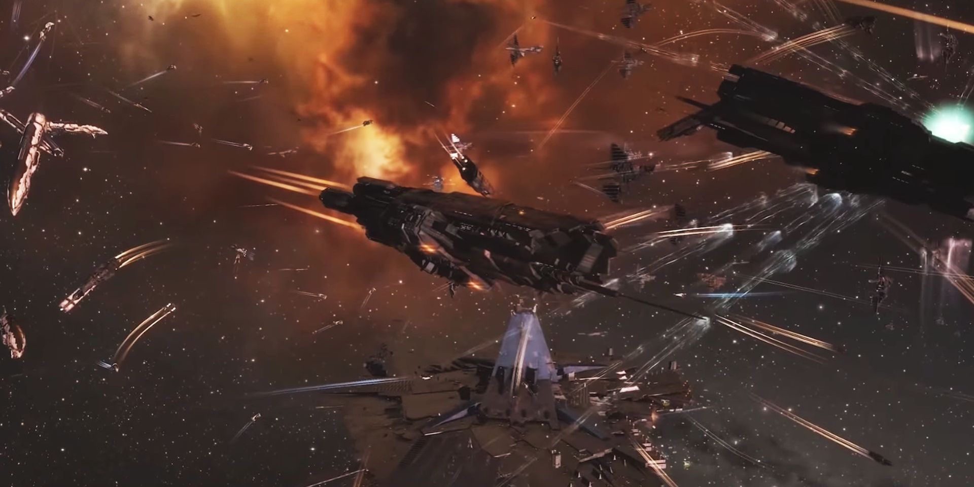 A space battle taking place in the MMORPG Eve Online.