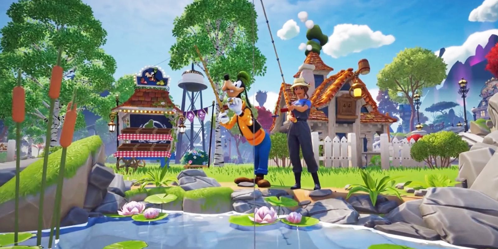 Goofy and custom character fishing in pond in the peaceful meadow, disney dreamlight valley 