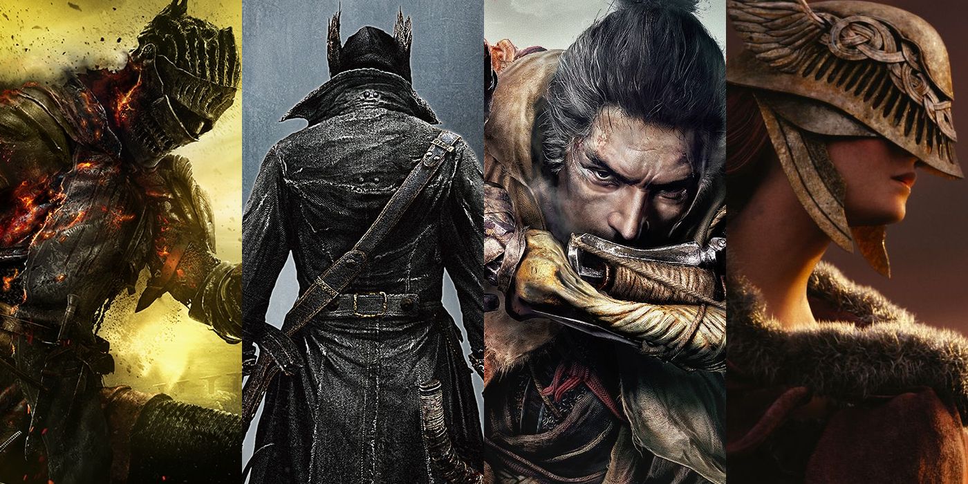 Images of cover art from Dark Souls 3, Bloodborne, Sekiro, and Elden Ring next to each other