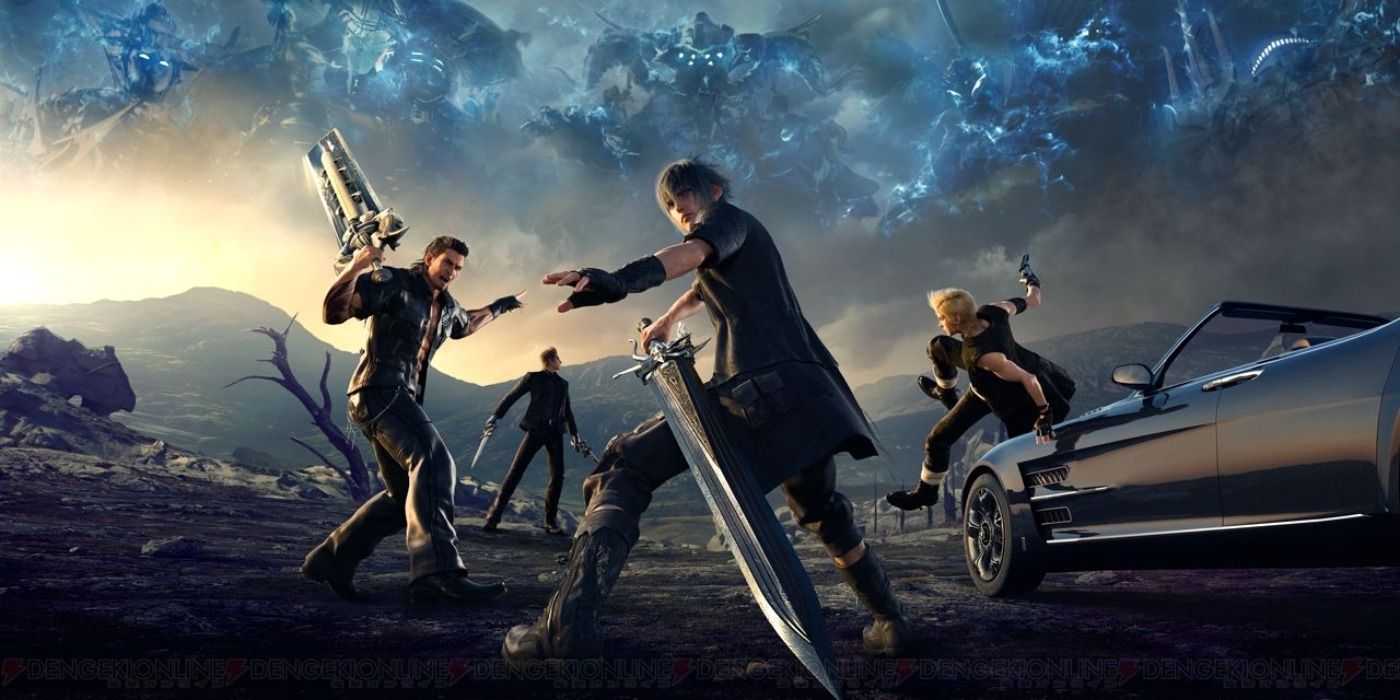 Noctis with his sword with his supporting cast behind him in FFXV promo art