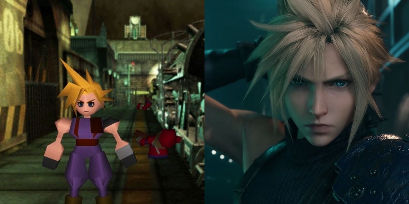 Split image of the polygonal Cloud on the PS1 and in the PS4 remake