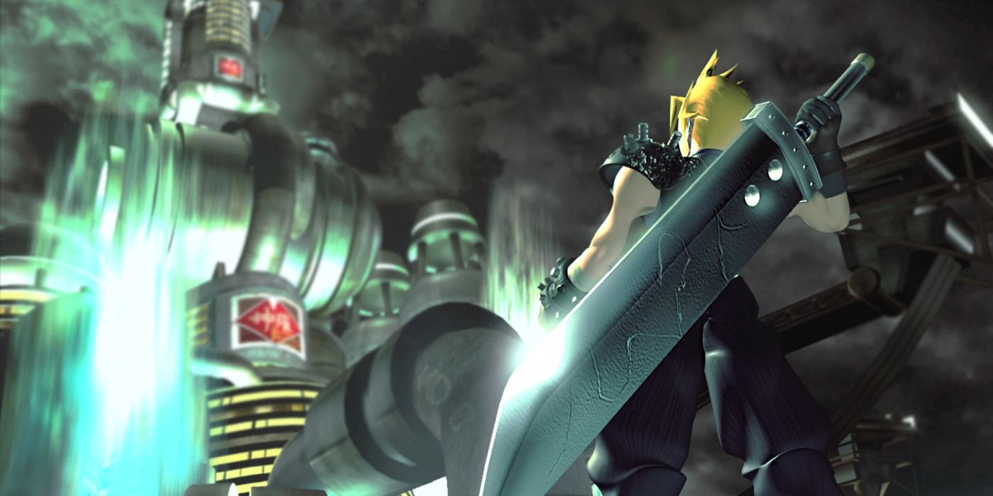 Cloud holding his buster sword looking up at a Shinra Corps. Mako reactor
