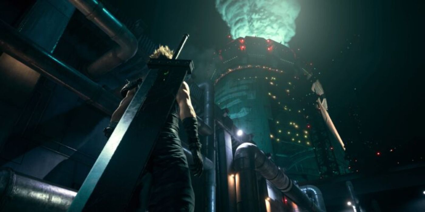 Cloud looking up at one of Shinra's Mako reactors in FF7R