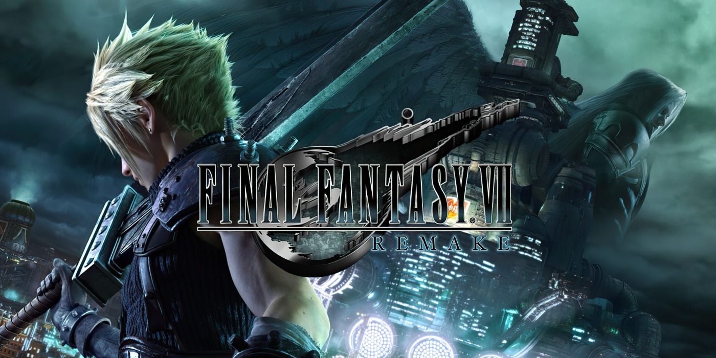 Cloud carrying his Buster Sword and Sephiroth in the background in FF7R promo art