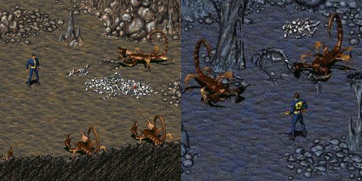 Split image of a player vs. Radscorpions in Fallout