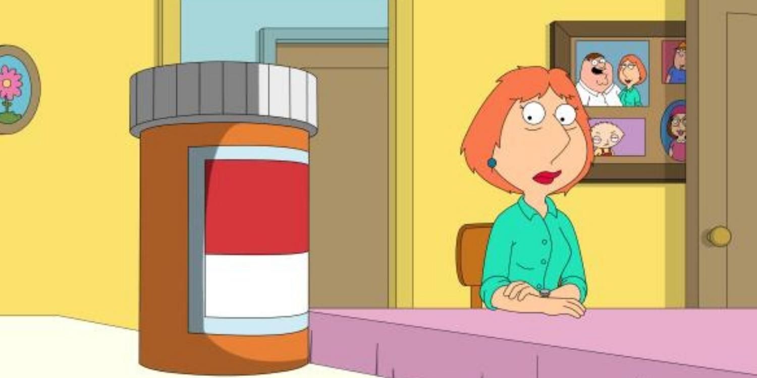 Lois looking at a bottle of pills in Family Guy,
