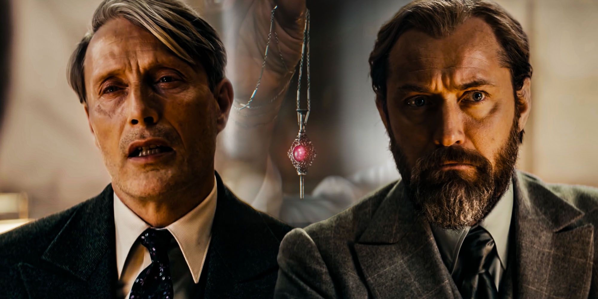 Blended images of Grindelwald, Dumbledore and their blood pact in Fantastic Beasts 3