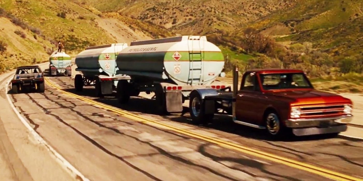 Several cars surrounding a gas truck in Fast and Furious 4.