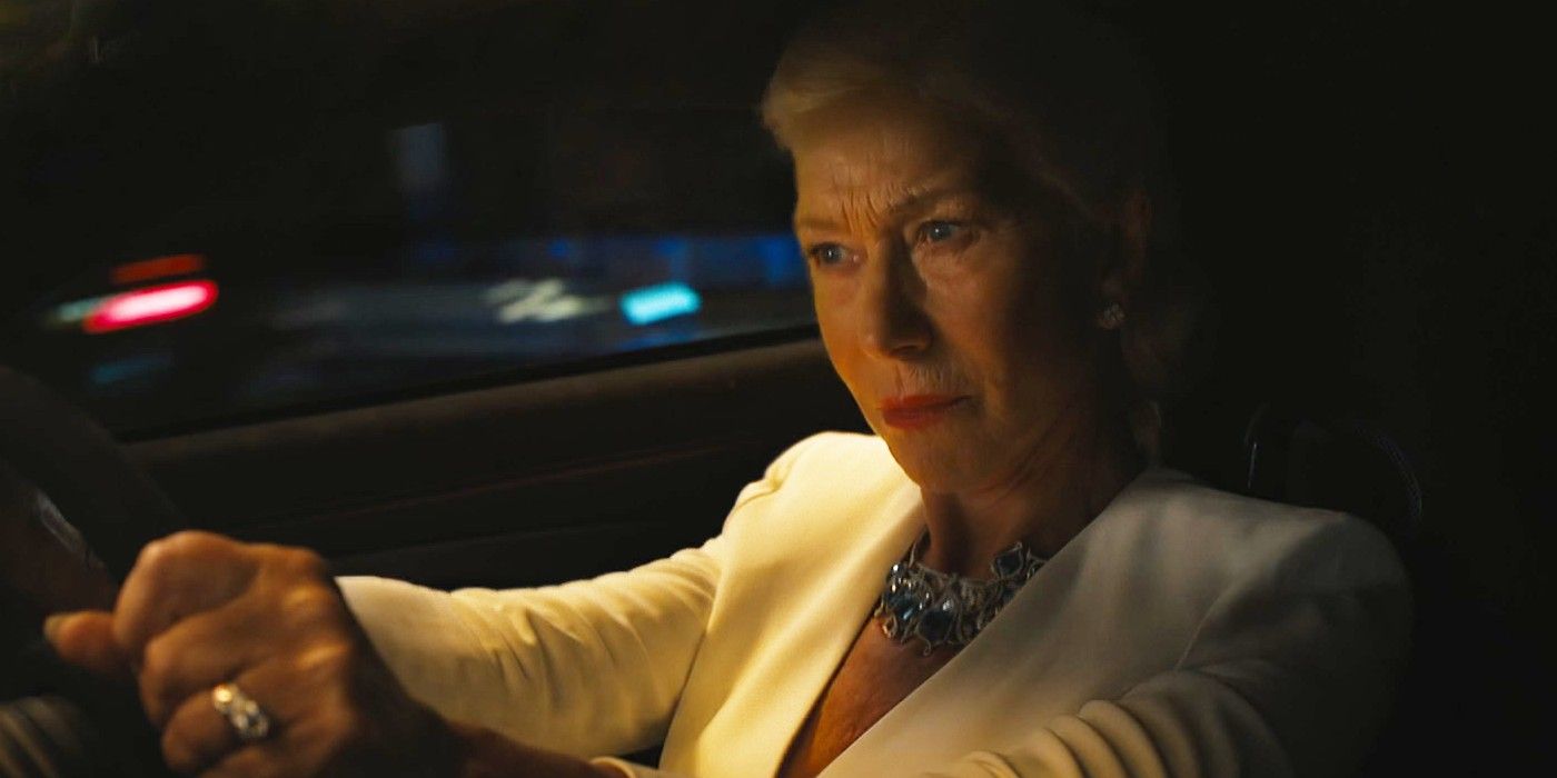 Helen Mirren as Queenie Shaw driving a car in Fast & Furious 9