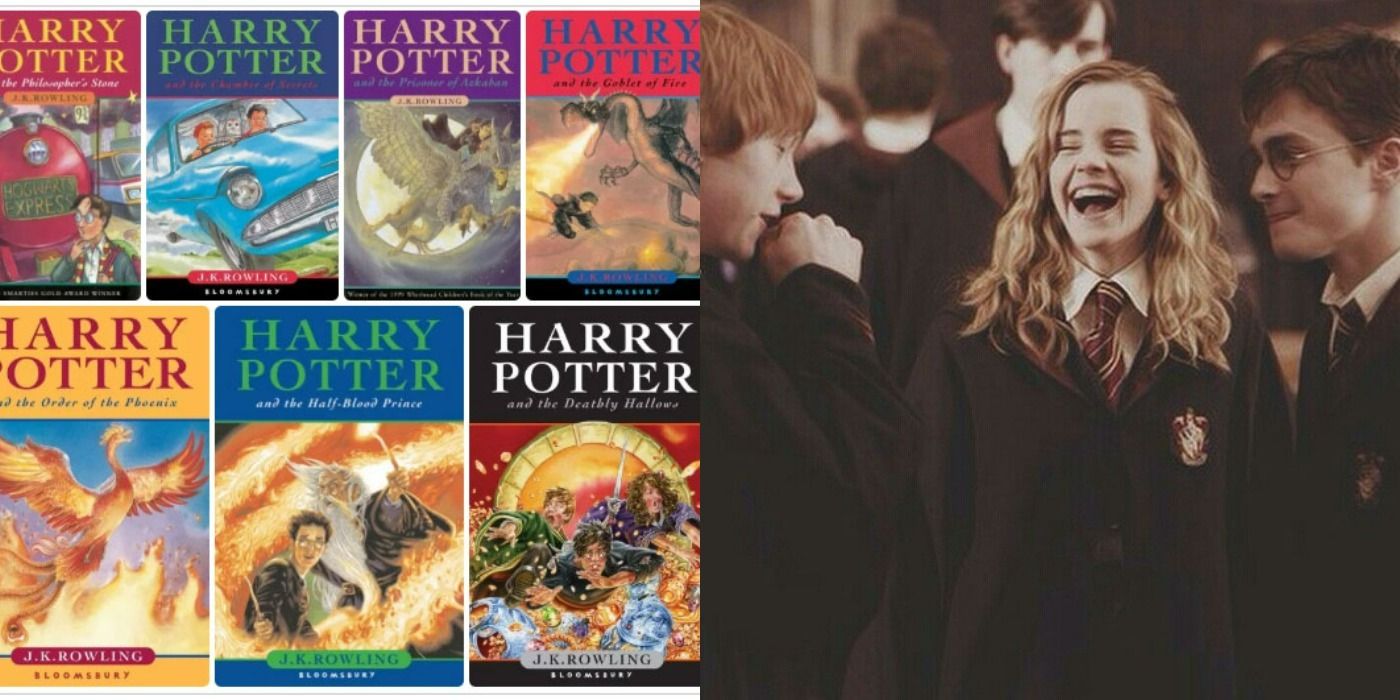 Split image of Harry Potter book covers and the main trio in the movies