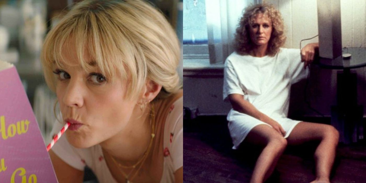 Side-by-side images of Carey Mulligan from Promising Young Woman and Glenn Close from Fatal Attraction
