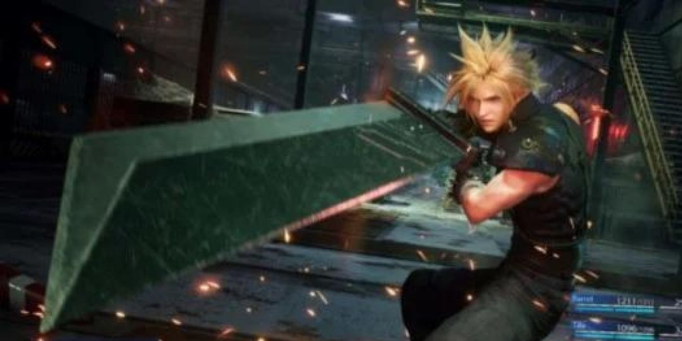 Cloud wielding his blade in Final Fantasy VII Remake