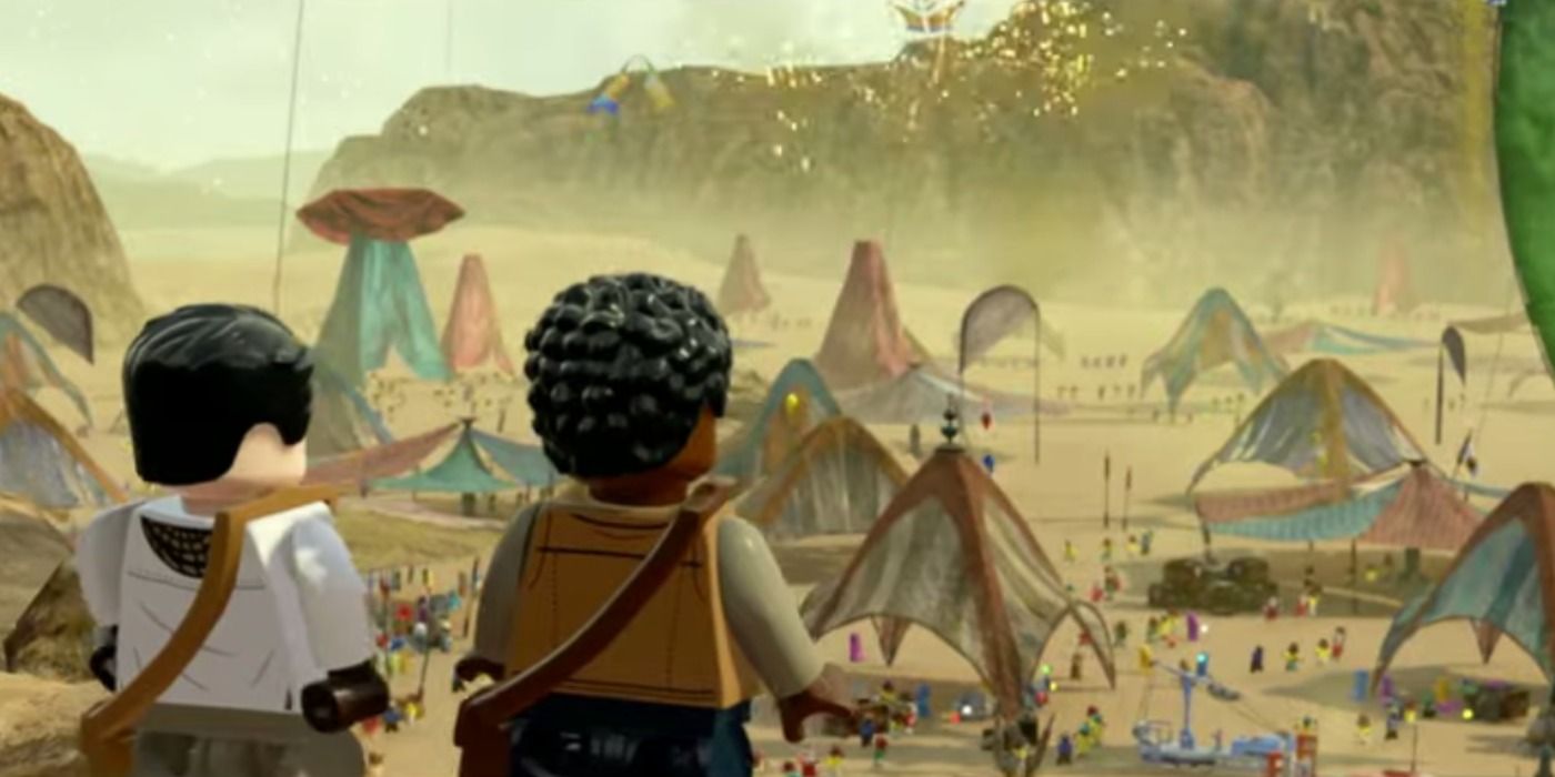 Finn Poe Rey Threepio and Chewbacca arrive at the festival of the ancestors on Pasaana in LEGO Star Wars The Skywalker Saga