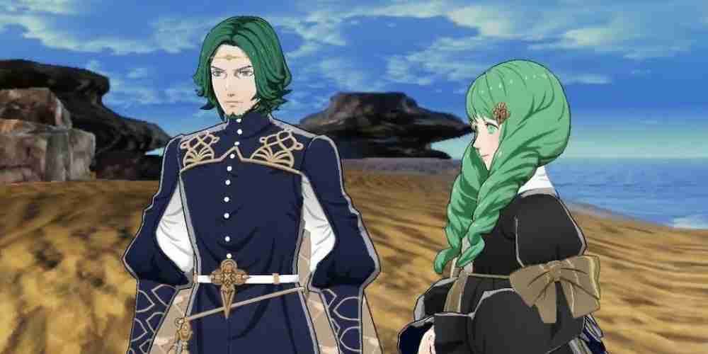 In Fire Emblem, the green haired Seteth and Flayn stand on a beach.