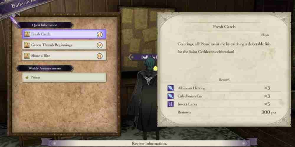 In Fire Emblem Three Houses, a menu shows off the Monastery Quests availiable.