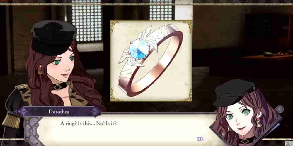 Dorothea admires a ring with a blue gem in Fire Emblem.