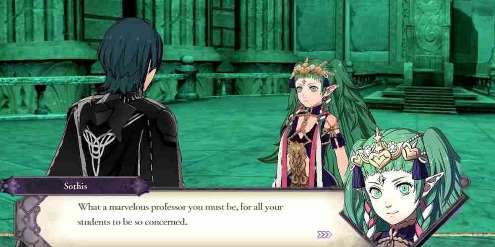 Sothis talks to Byleth in a green room.