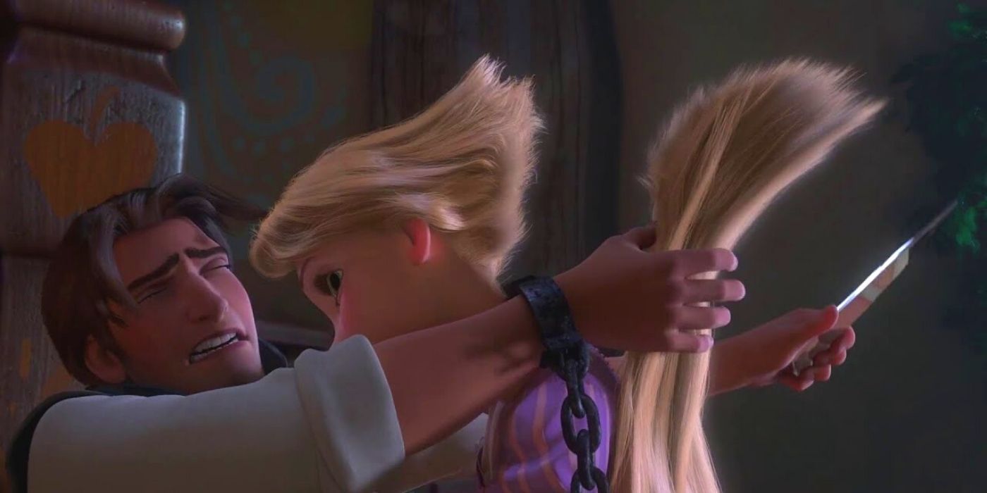 Flynn cuts off Rapunzel's hair in Tangled