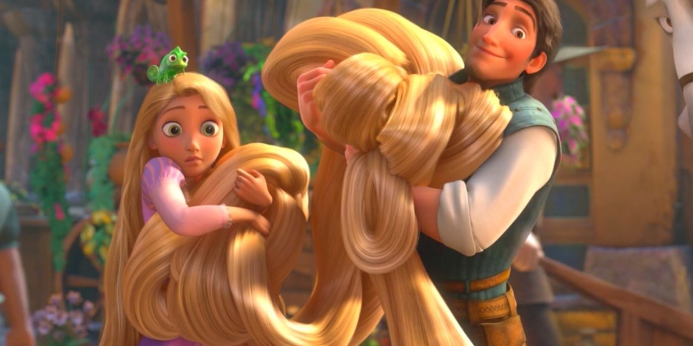 Flynn holding Rapunzel's hair in Tangled