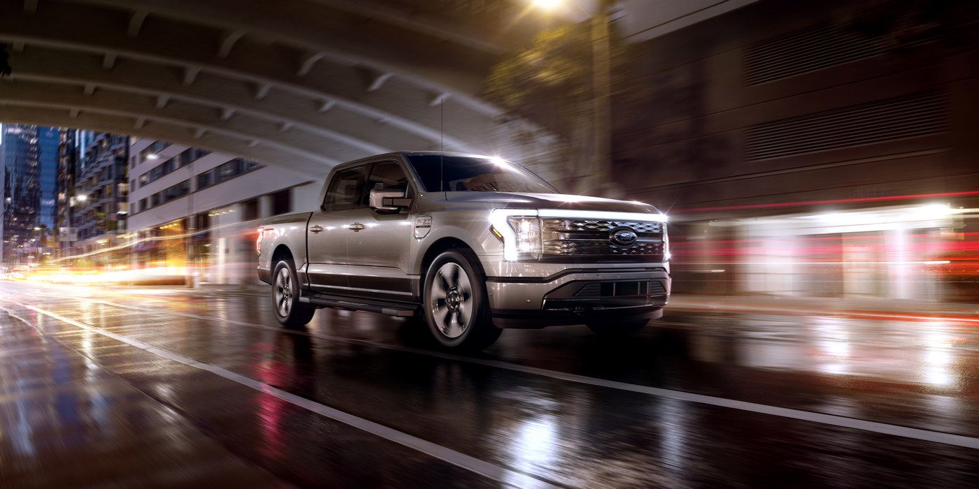 2022 Ford F-150 Lightning Platinum driving down a tunnel.