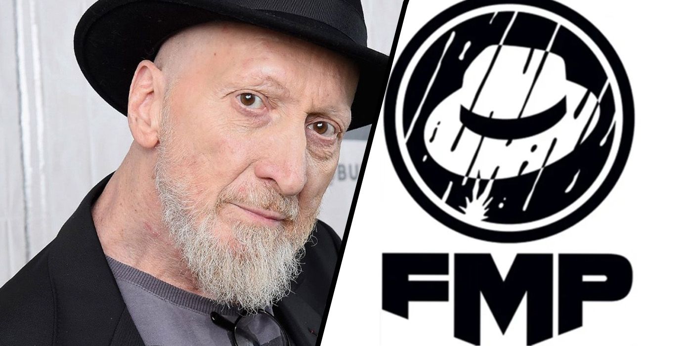 Sin City writer Frank Miller with the logo of his new publishing company, Frank Miller Presents.