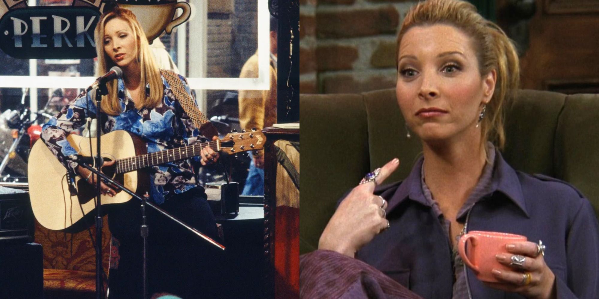 Split image showing Phoebe singing and pointing at herself in Friends.