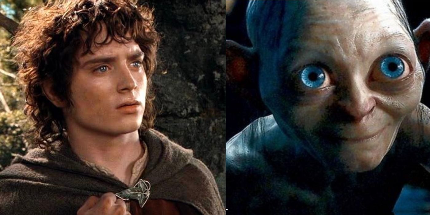 Frodo looking into distance and a closeup of Gollum smiling in Lord of the Rings