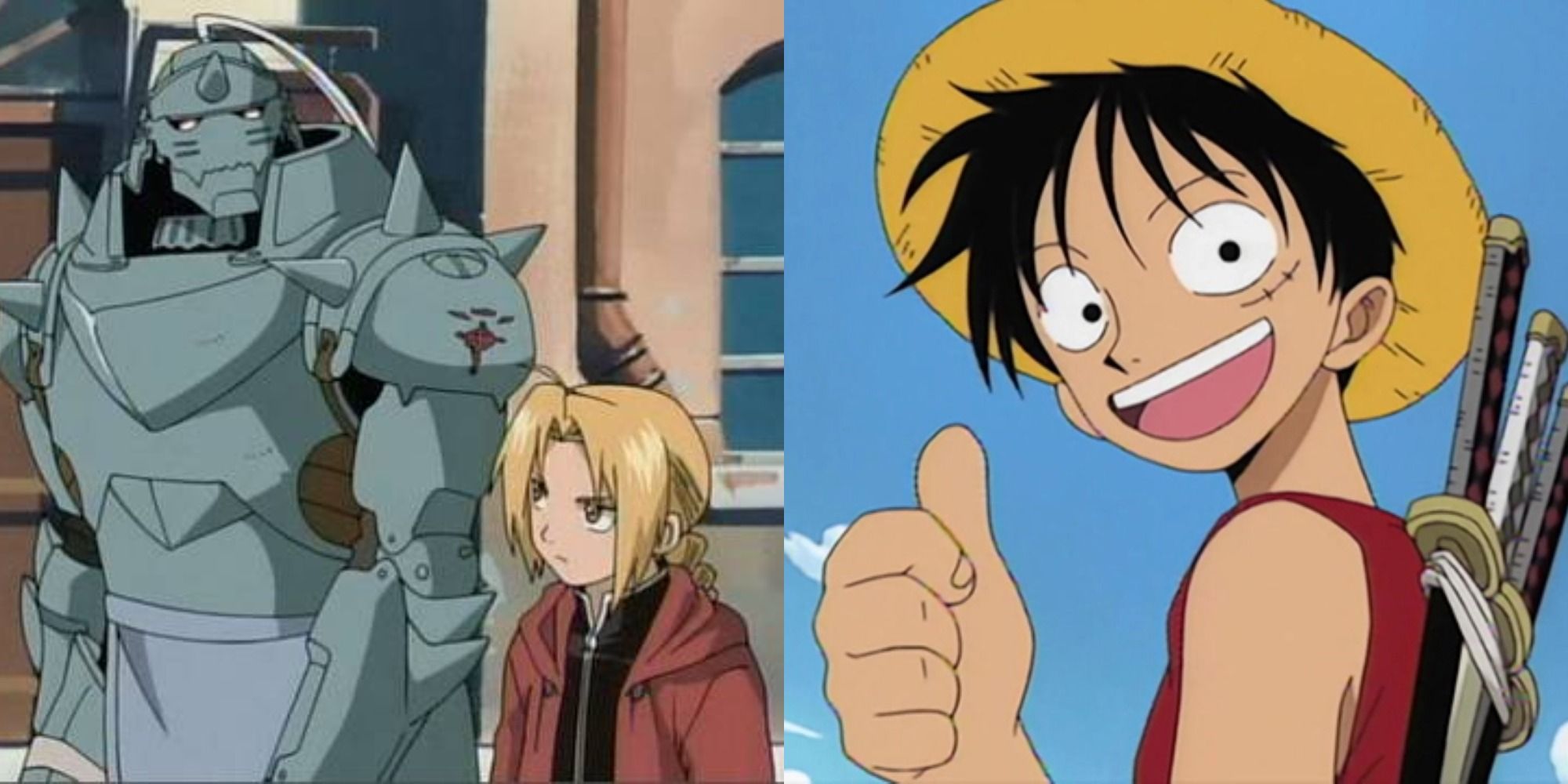 Split image showing Alphonse and Edward in Fullmetal Alchemist and Luffy in One Piece.