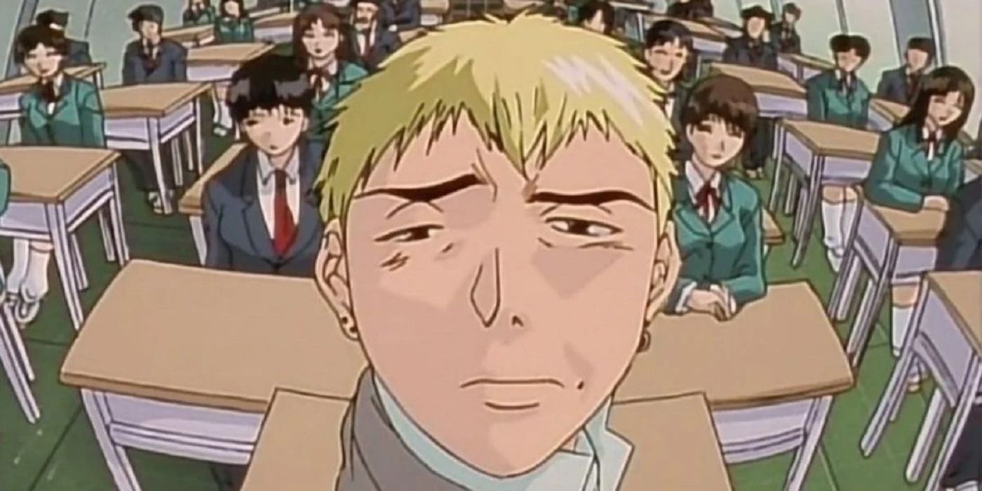 A dramatic and comedic closeup of Onizuka with his class in Great Teacher Onizuka