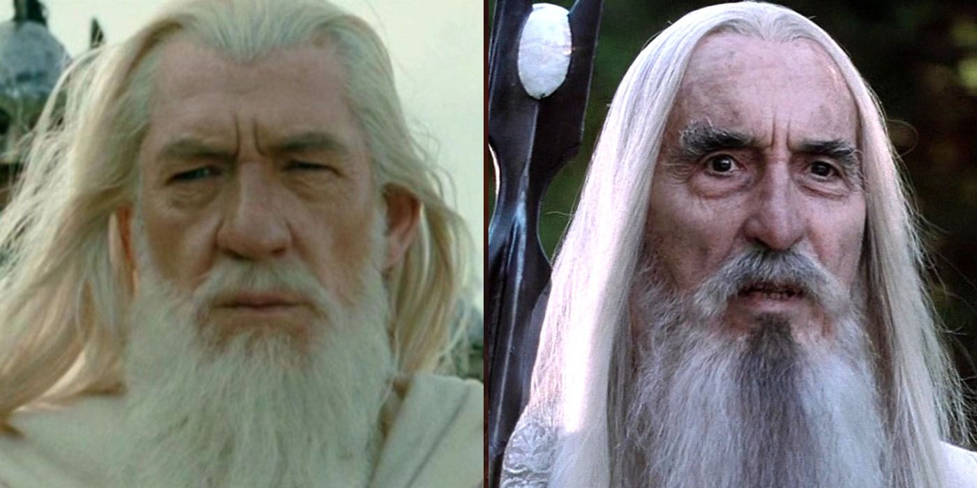 Gandalf the White overlooking battle and Saruman sneering in Lord of the Rings