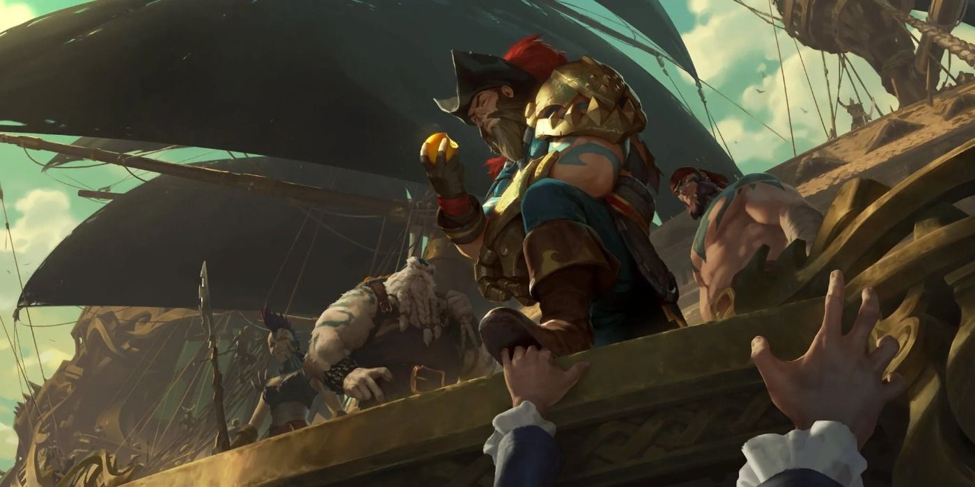 Gangplank eats an orange atop his ship