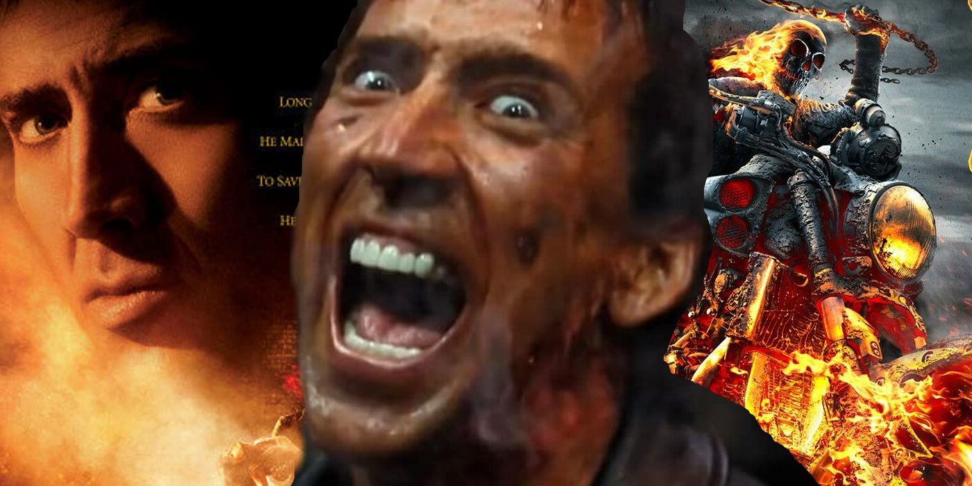 Nic Cage as Johnny Storm cackling, movie posters for Ghost Rider and Spirit of Vengeance