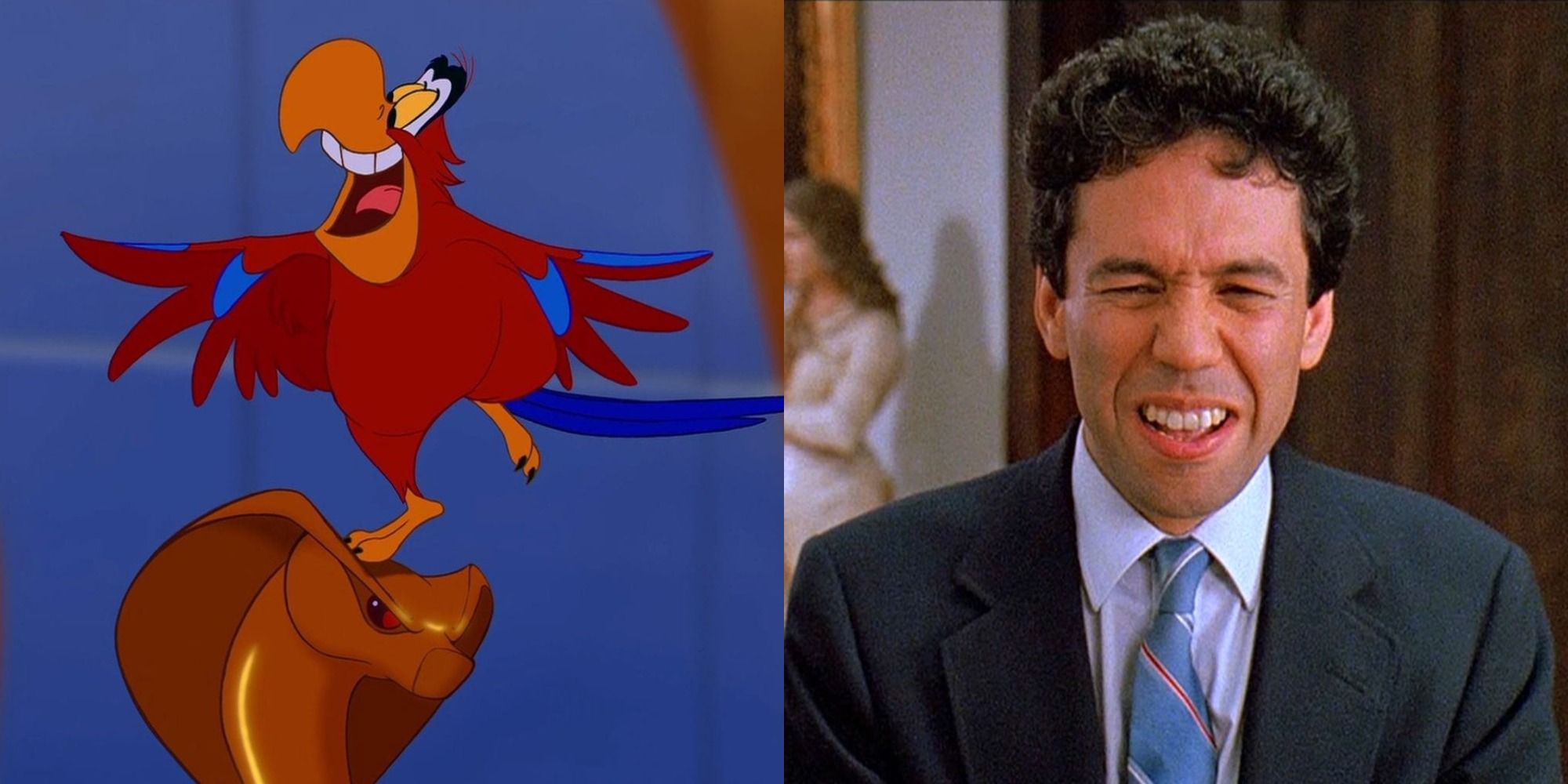 Split image showing Iago in Aladdin and Mr Peabody in Problem Child.