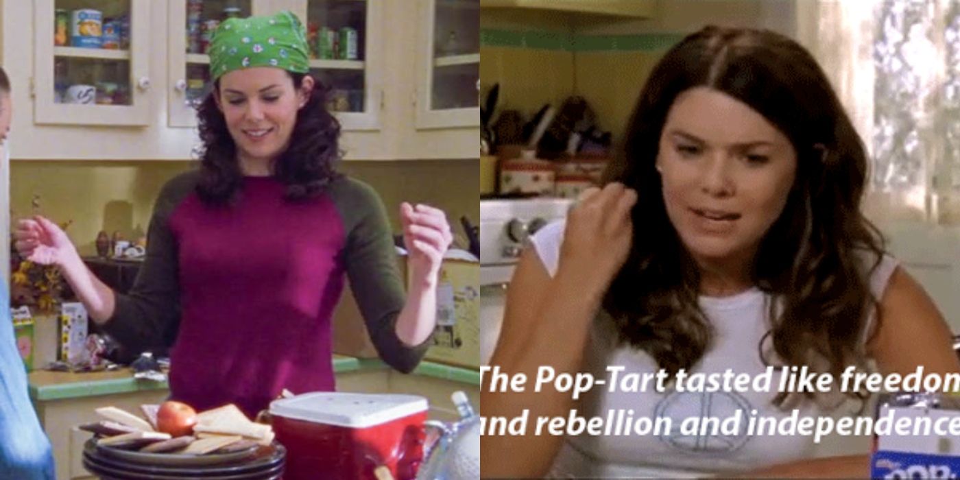 Split image of Lorelai putting Pop-Tarts on a plate and talking on Gilmore Girls