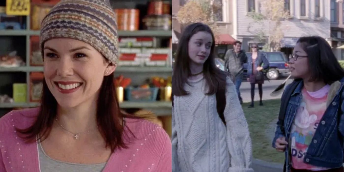 Split image of Lorelai, Rory, and Lane in the pilot episode of Gilmore Girls
