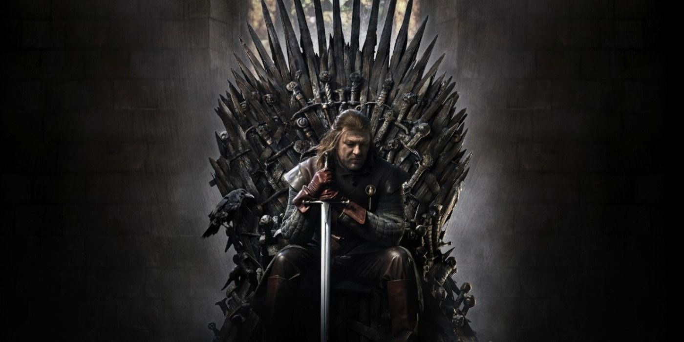 Ned Stark sitting on the Iron Throne in Game of Thrones promo