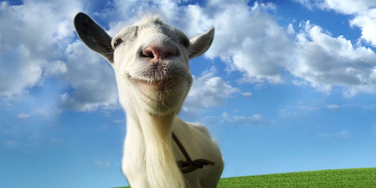 A goat with a stupid look on it's face in Goat Simulator.