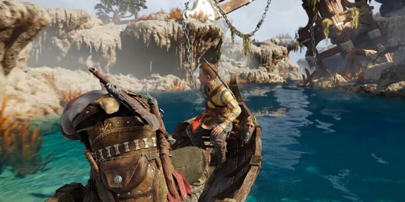 God of Ragnarök Kratos Rows Boat With Atreus