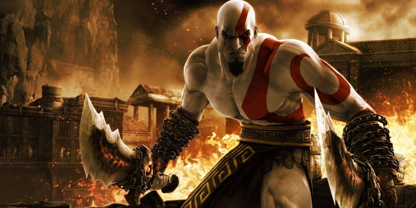 Kratos holding his weapons in God of War.